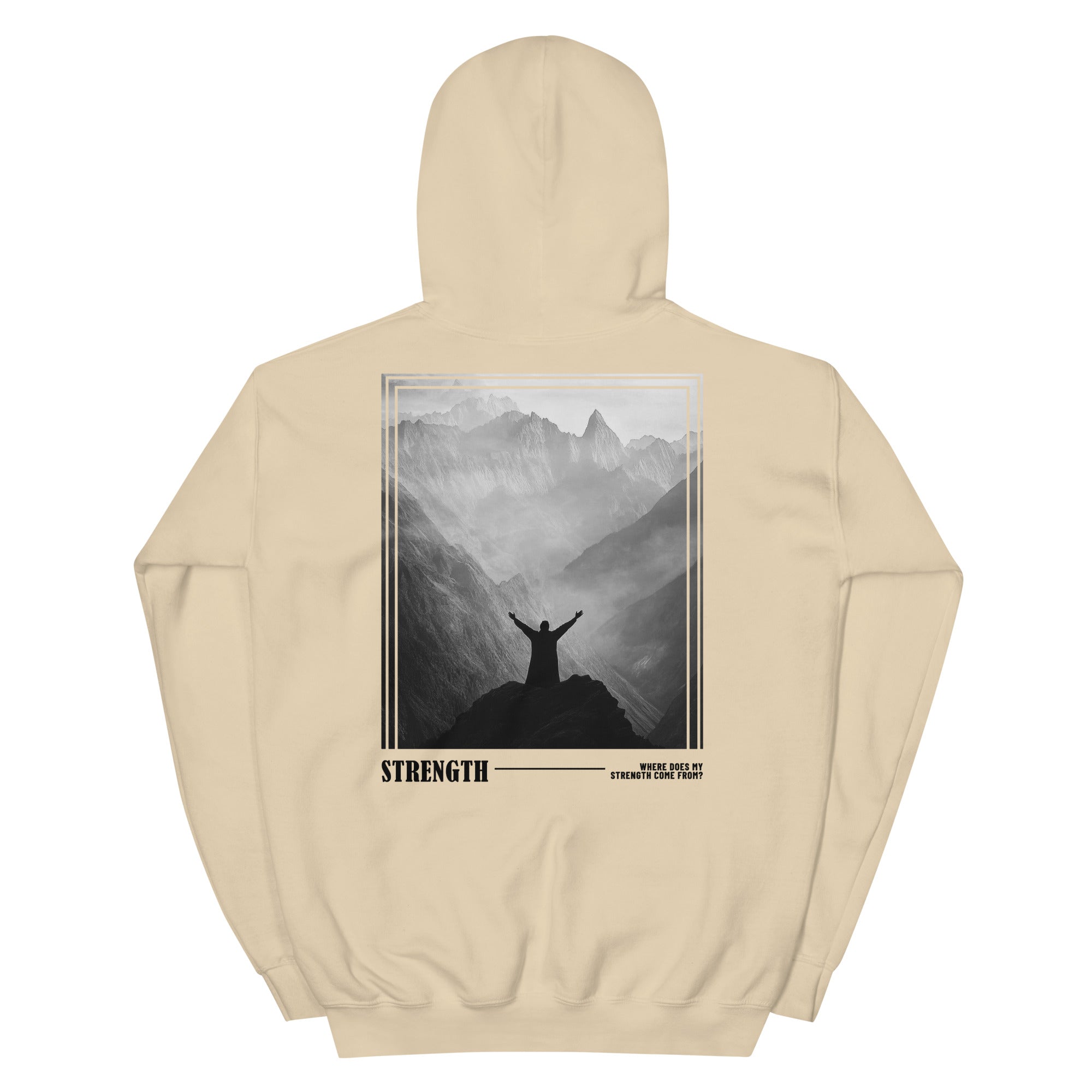 Light beige Christian Hoodie featuring a mountain graphic and the word Strength on the back
