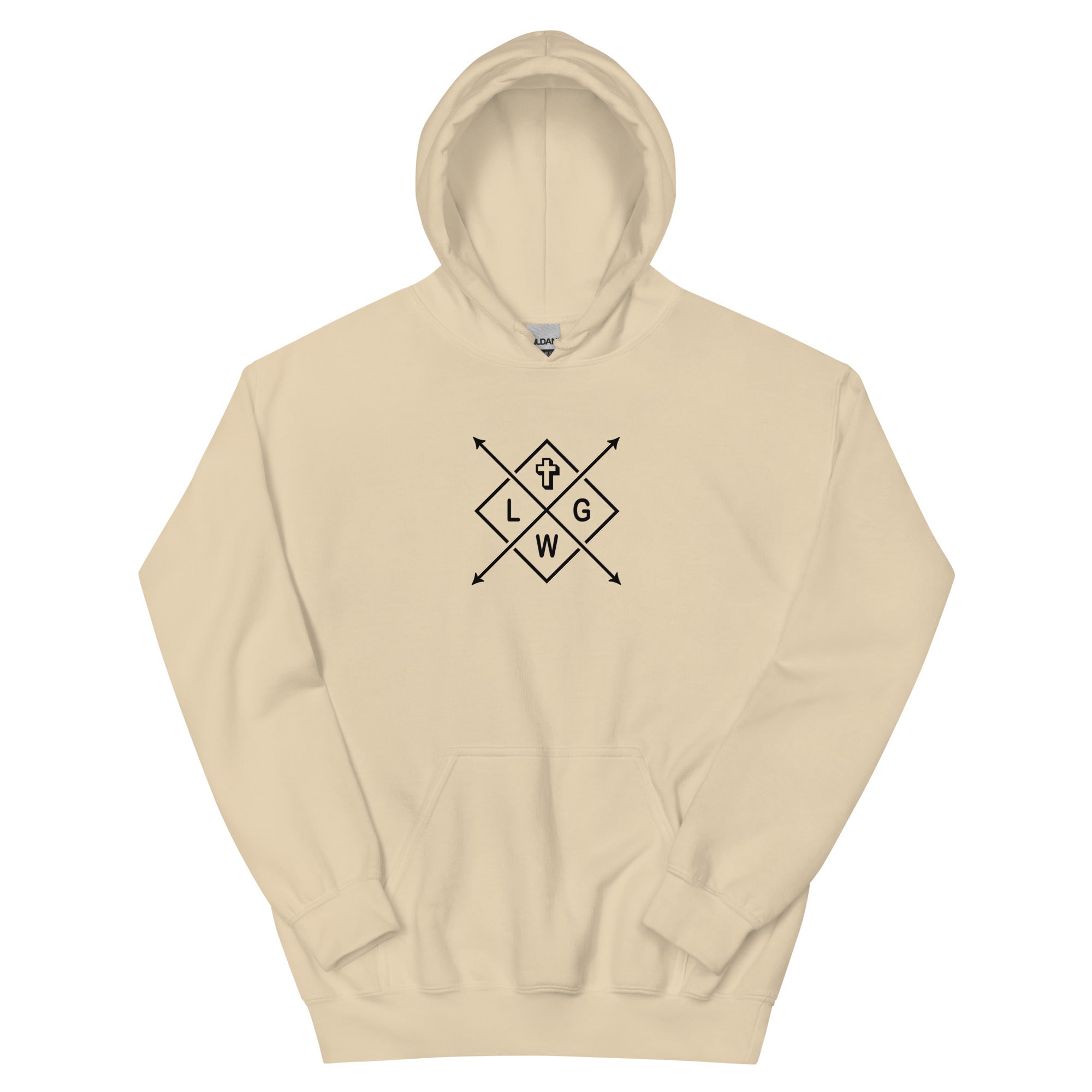 Beige Christian Hoodie featuring a unique geometric design and cozy front pocket