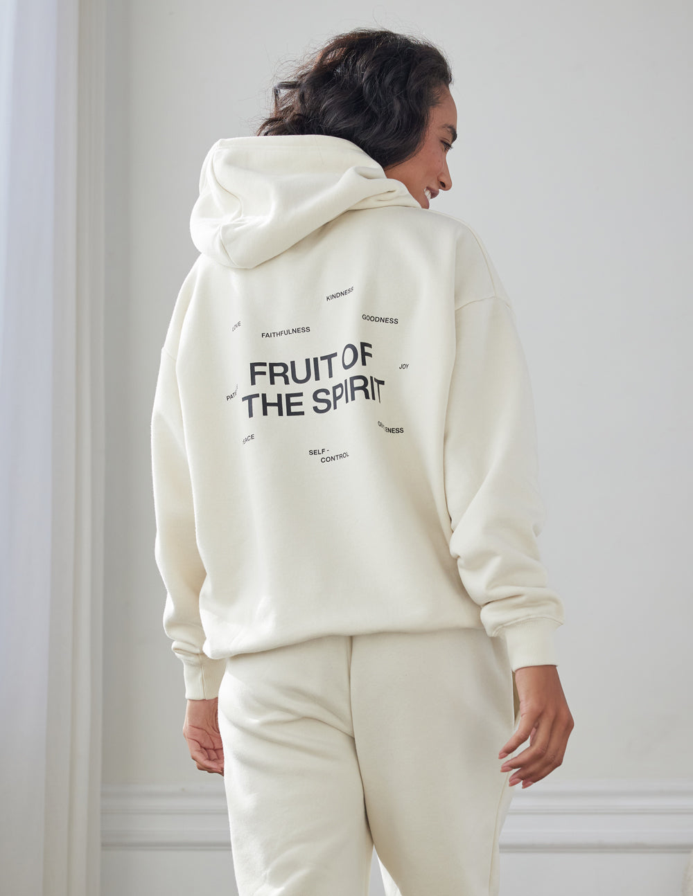 Elevated Faith Christian Hoodie in Cream with 'Fruit of the Spirit' Graphic on the Back