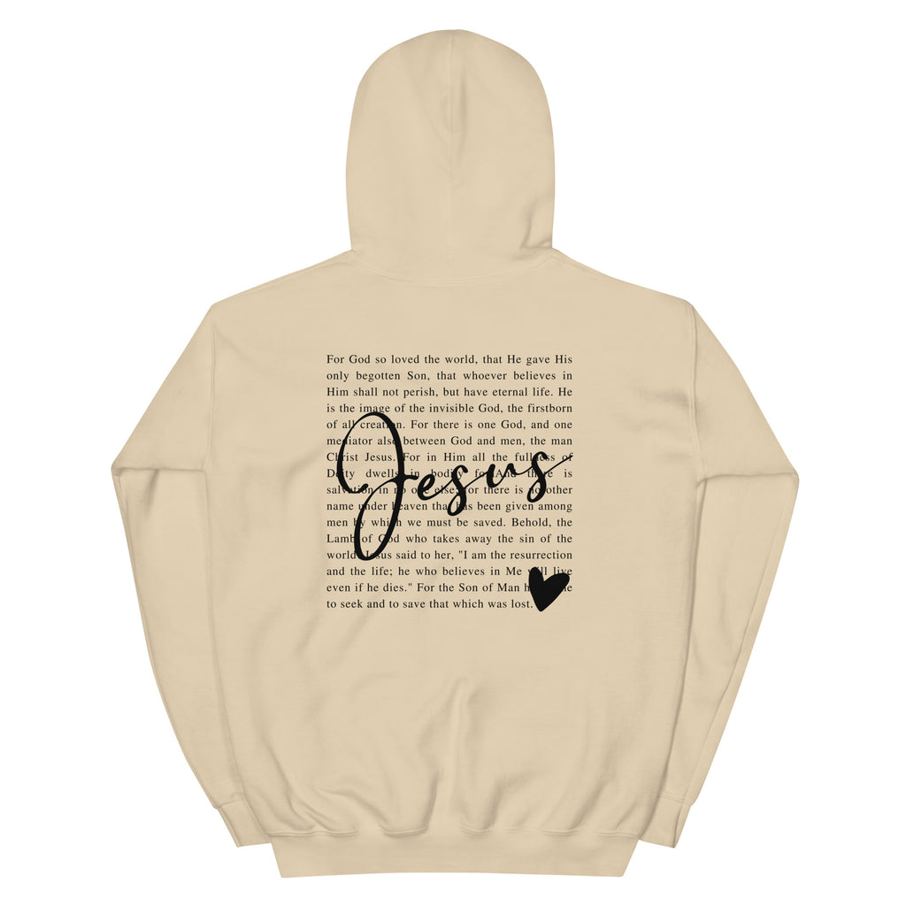 Christian Hoodie featuring scripture text and bold 'Jesus' design on the back in tan color