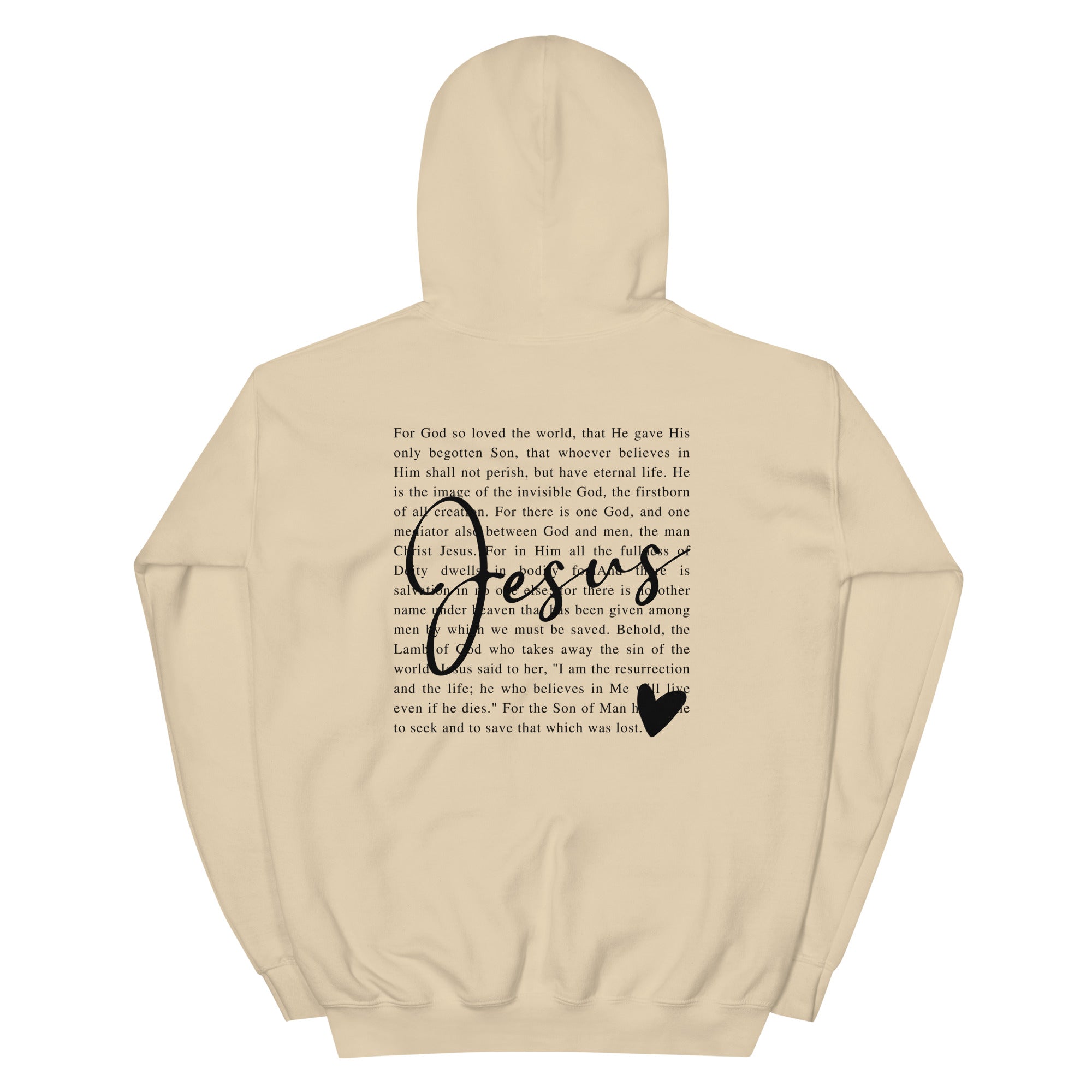 Christian Hoodie featuring scripture text and bold 'Jesus' design on the back in tan color
