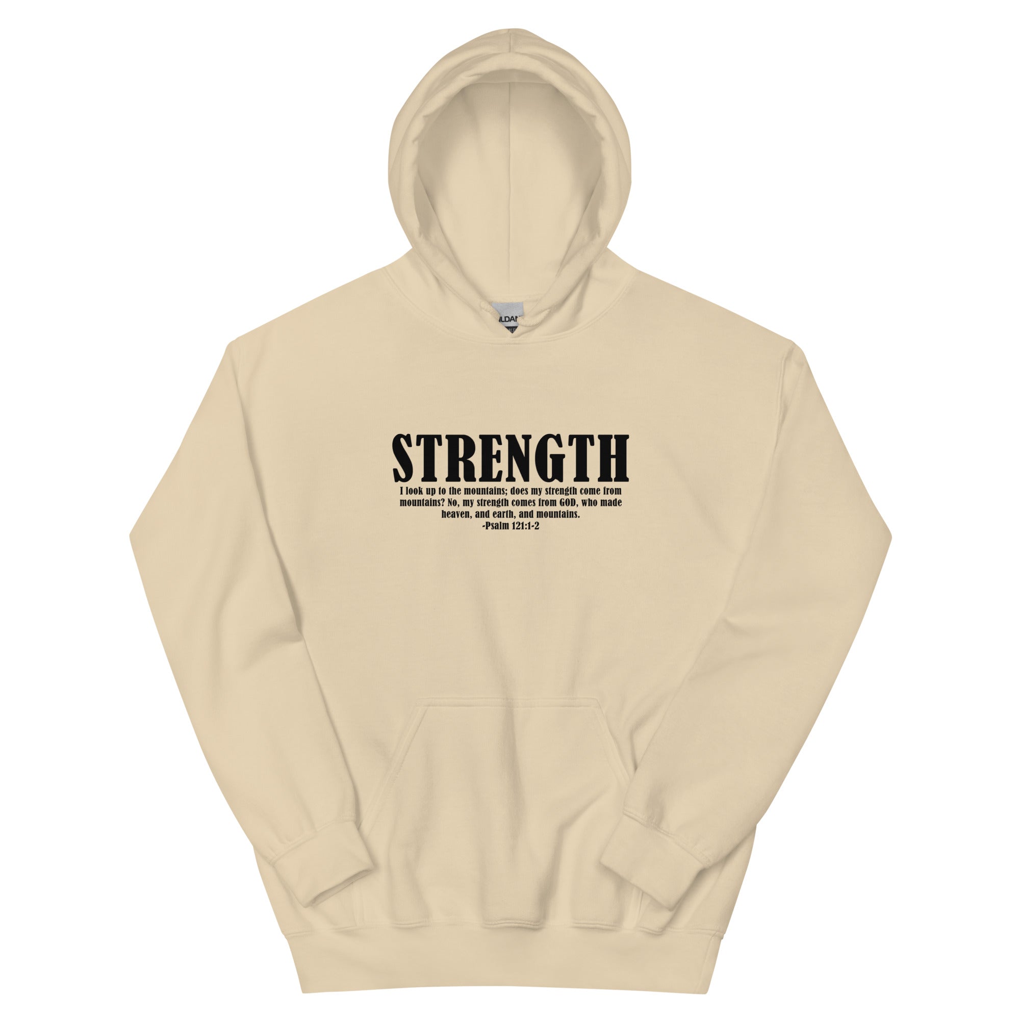 Christian Hoodie in beige featuring the word Strength and a biblical verse for encouragement