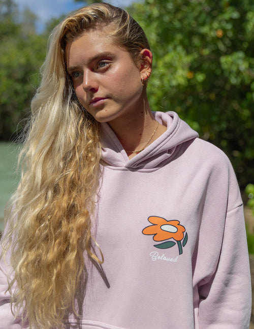 Elevated Faith Christian Hoodie in light pink with floral design on chest for casual comfort