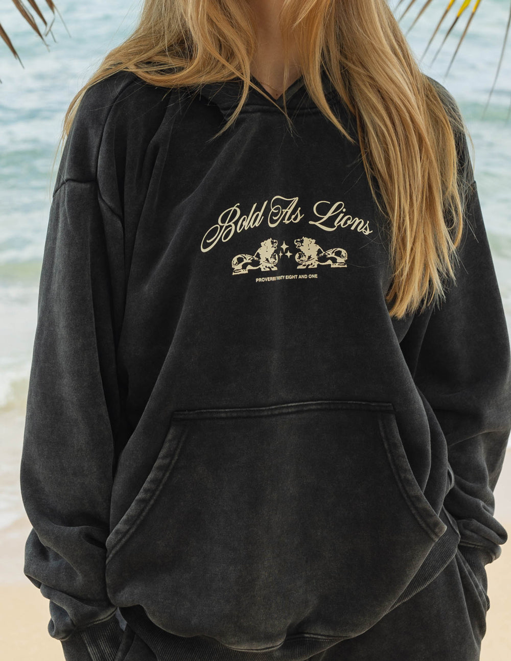 Elevated Faith Christian Hoodie in black with Bold As Lions print and front pocket