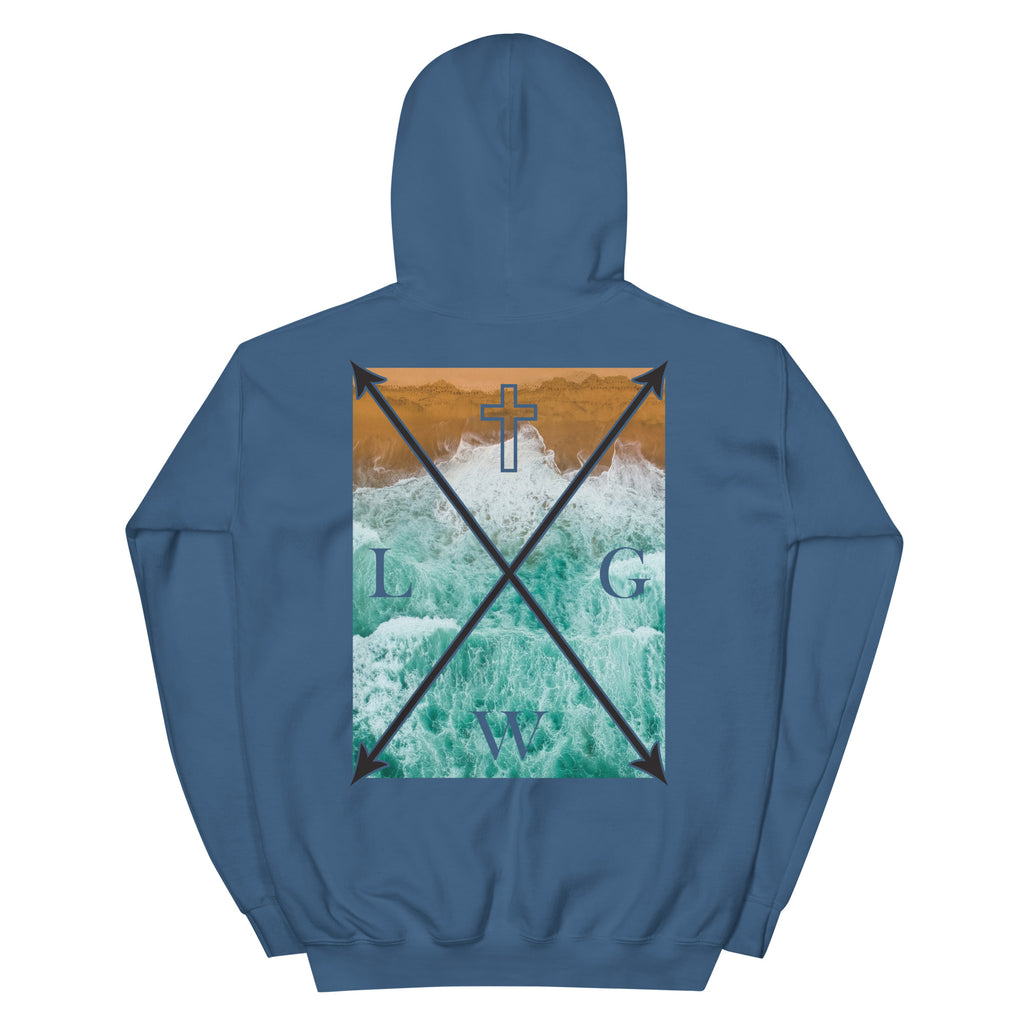 Christian Hoodie in Blue with Graphic Design Featuring a Cross and Wave Patterns