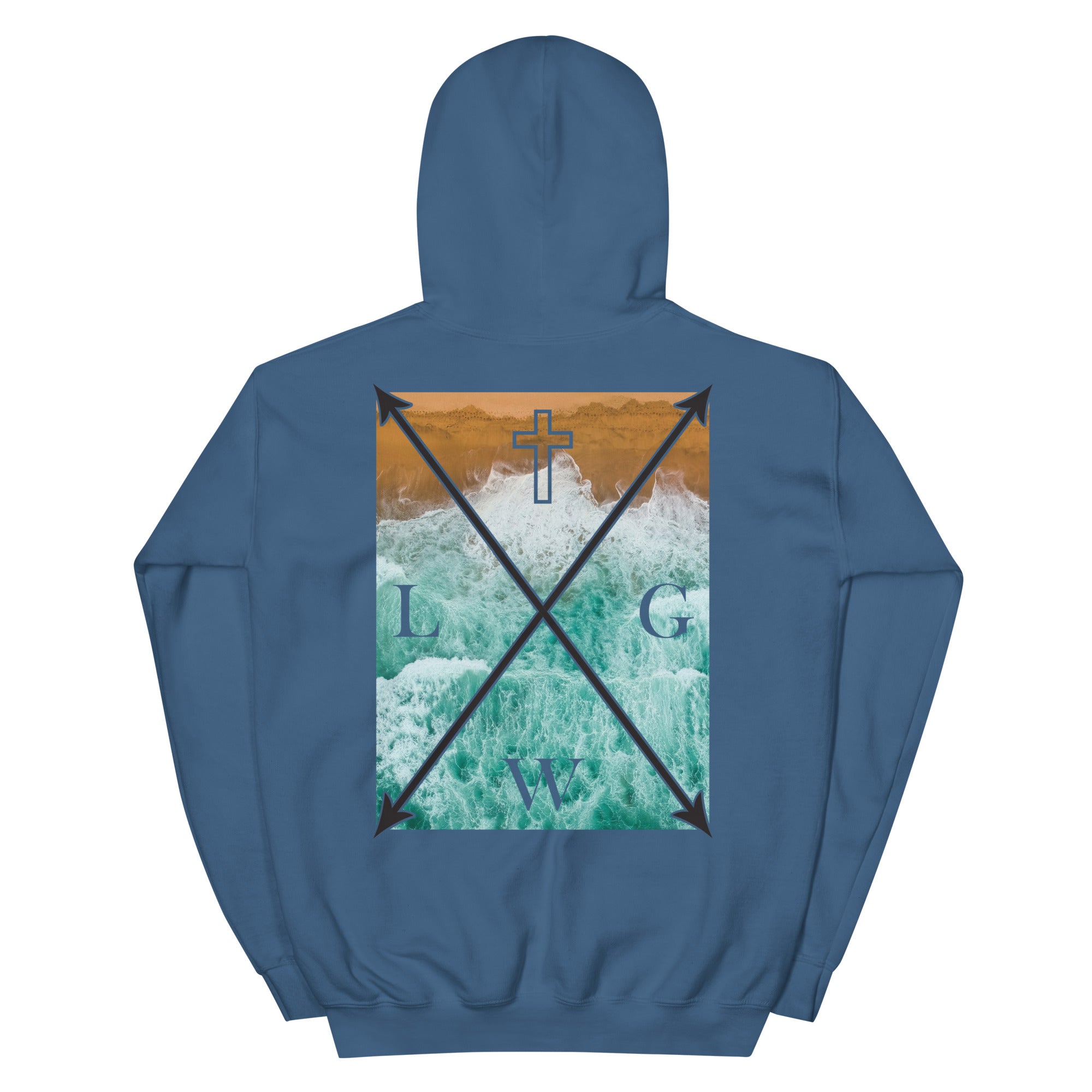 Christian Hoodie in Blue with Graphic Design Featuring a Cross and Wave Patterns