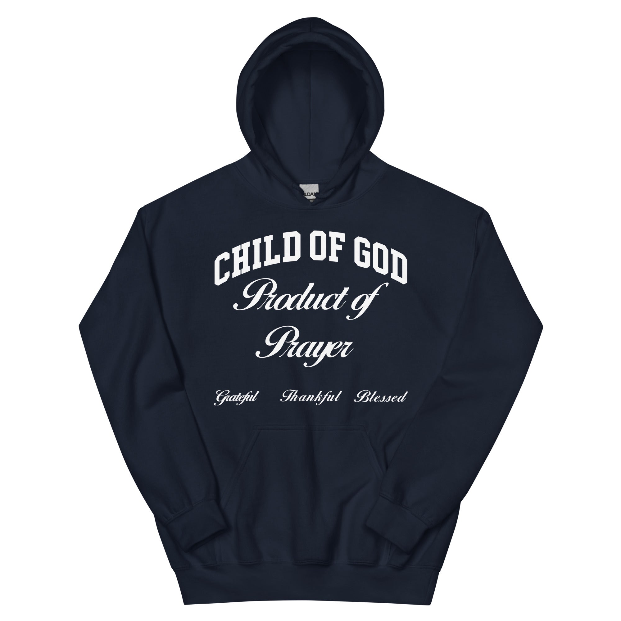 Navy Christian Hoodie featuring 'Child of God Product of Prayer' design with positive affirmations