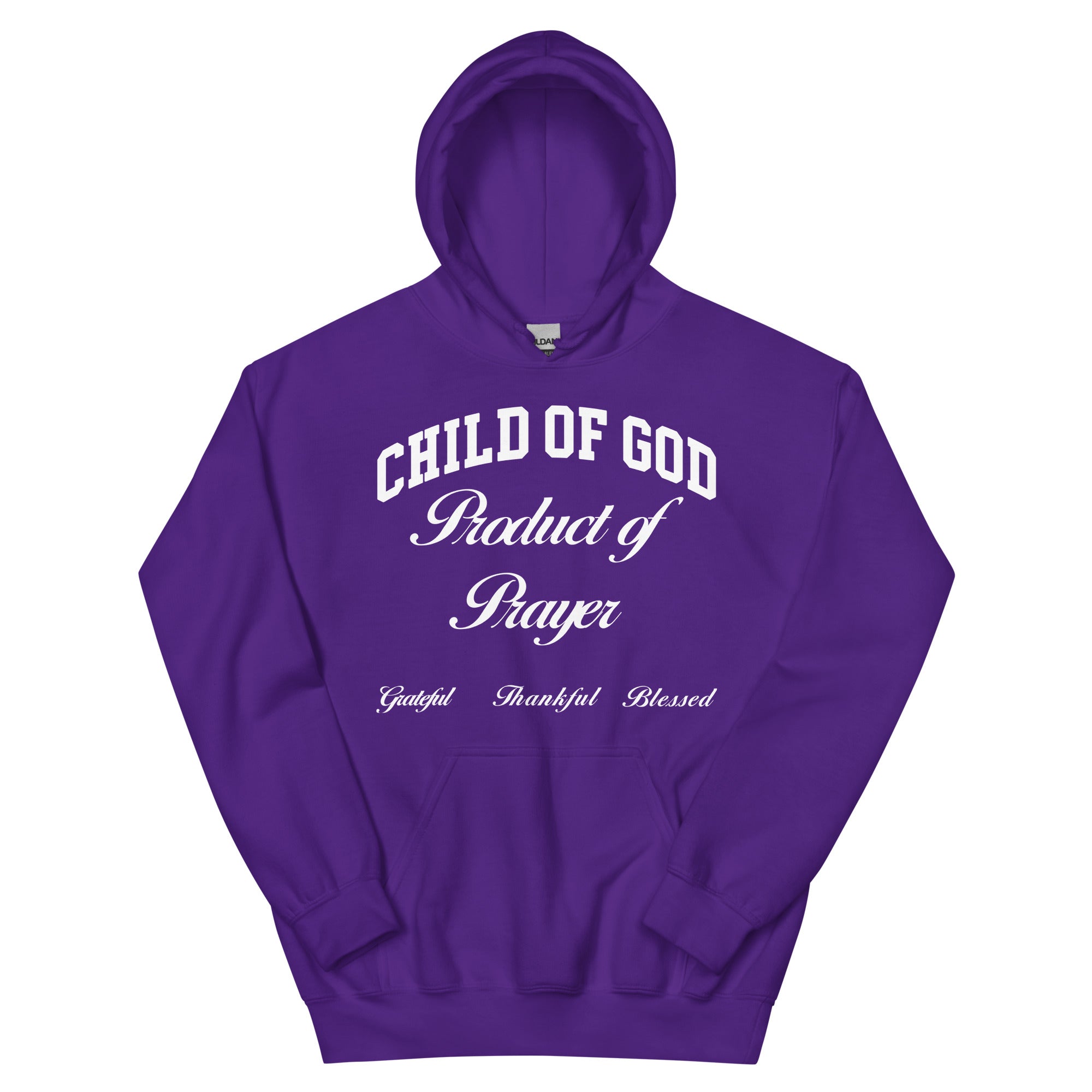 Purple Christian Hoodie with 'Child of God, Product of Prayer' Design for Faith Wear