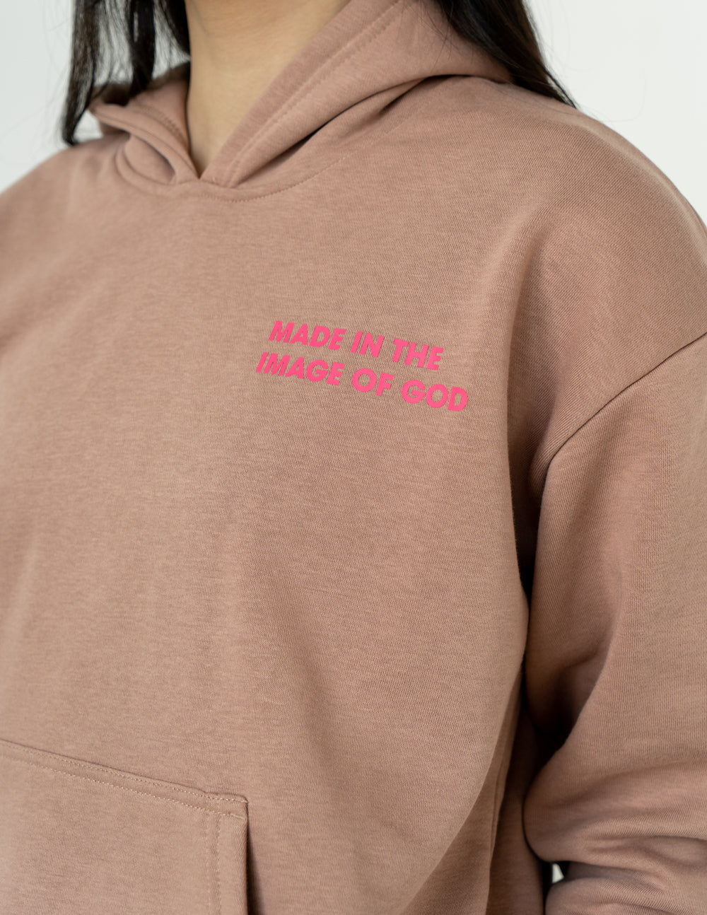 Elevated Faith Christian Hoodie in tan with pink text 'Made in the Image of God'