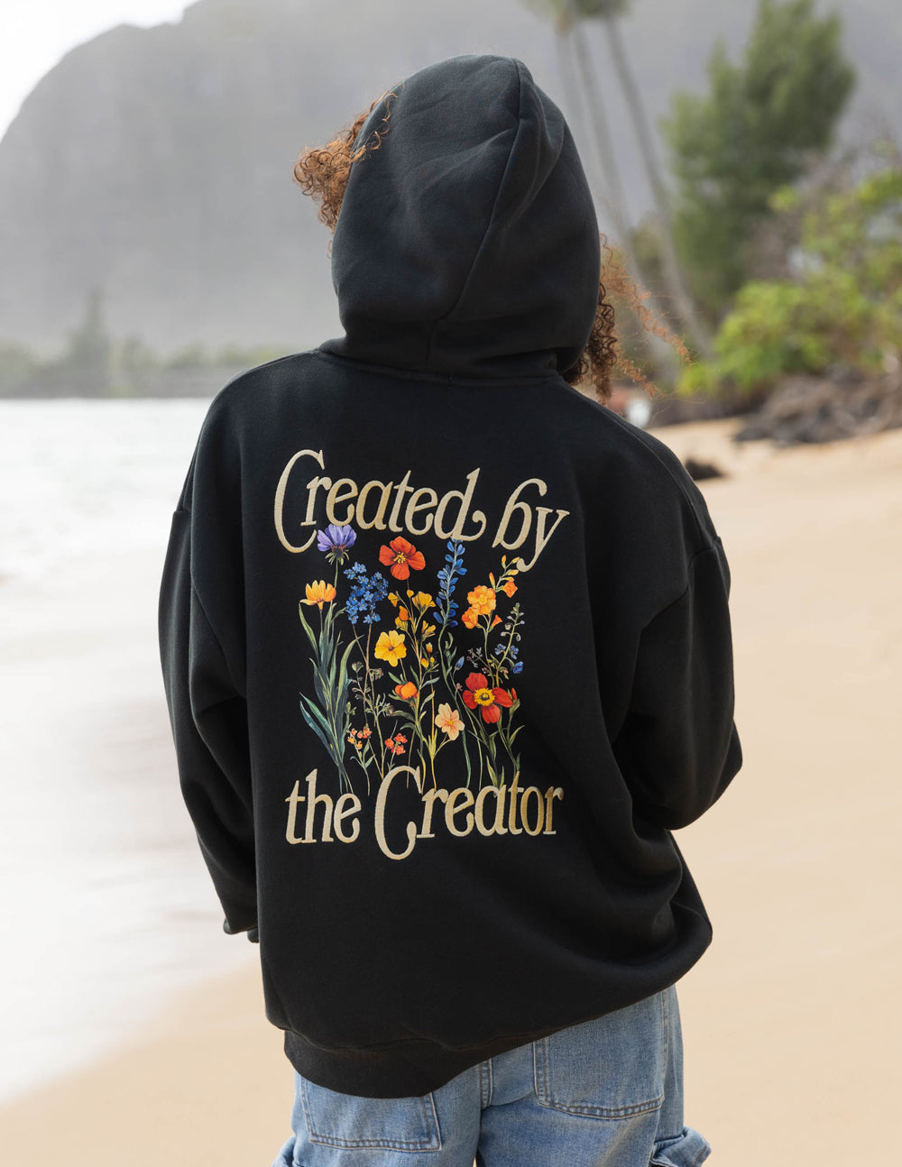 Elevated Faith Christian Hoodie with 'Created by the Creator' floral design on the back