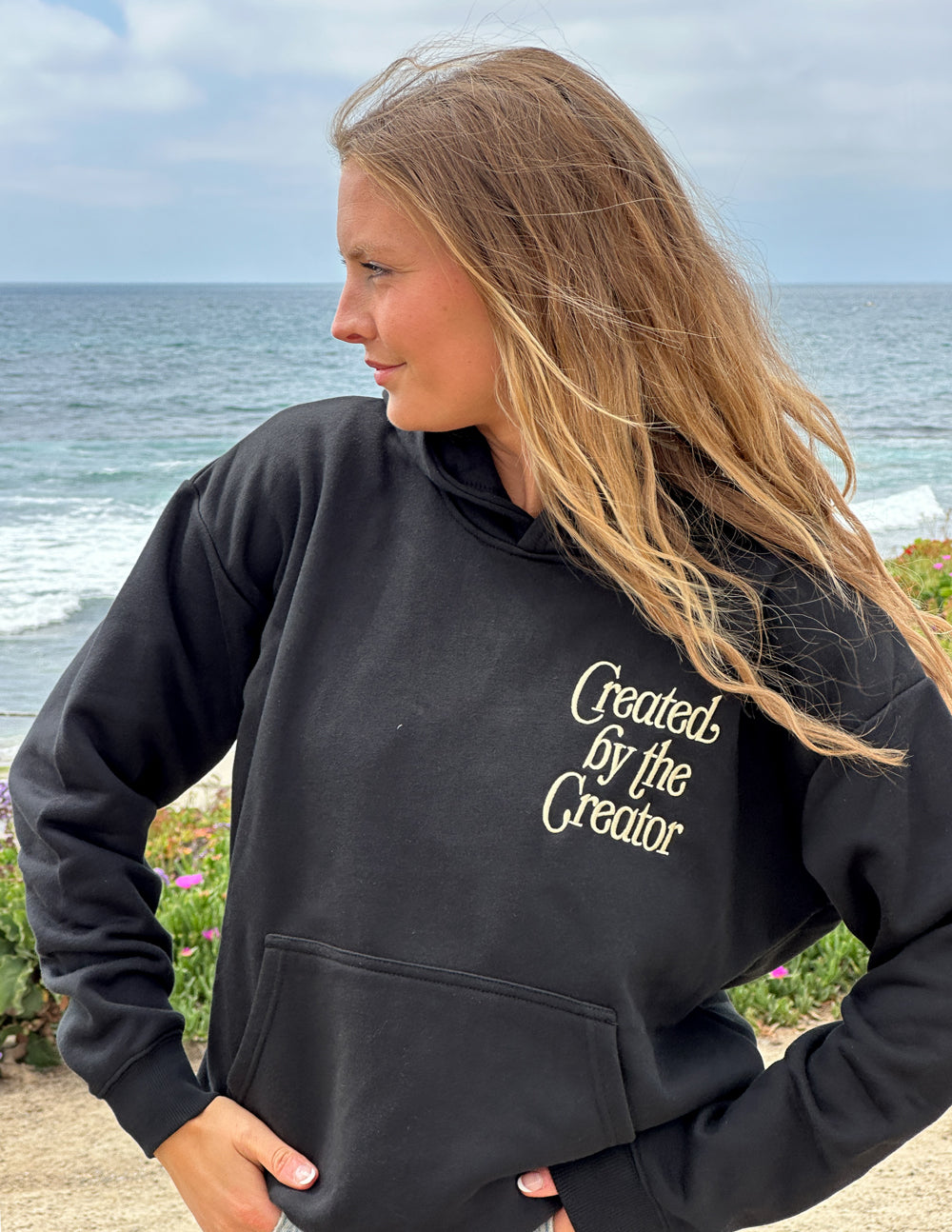 Elevated Faith Christian Hoodie in Black with 'Created by the Creator' Text on Front