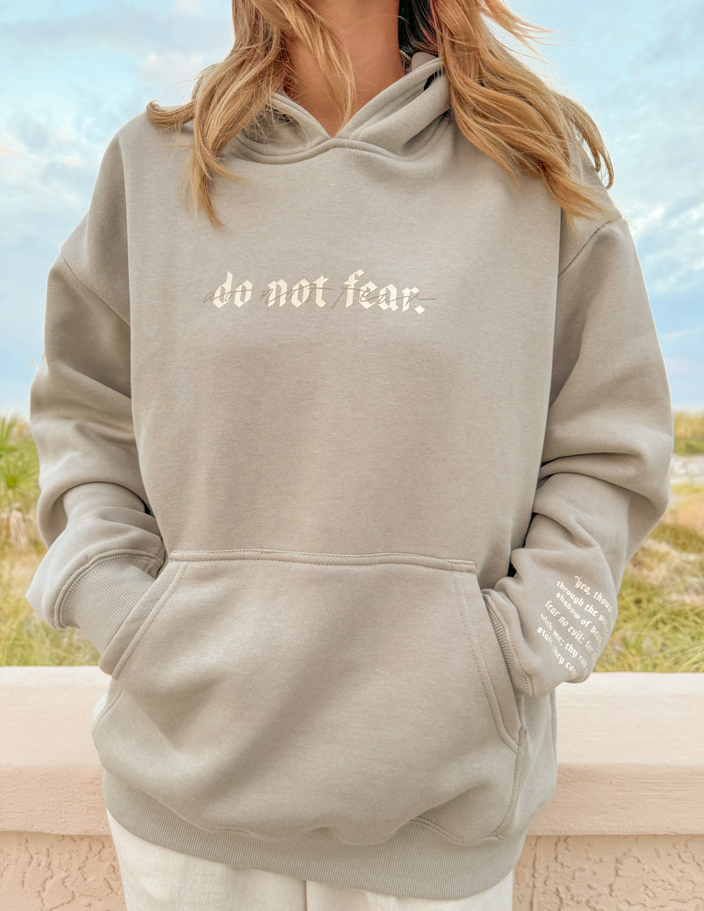 Elevated Faith Christian Hoodie in light gray with 'do not fear' text and front pockets