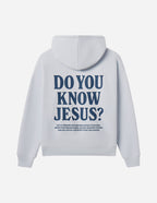 Light Blue Christian Hoodie with the text Do You Know Jesus printed on the back