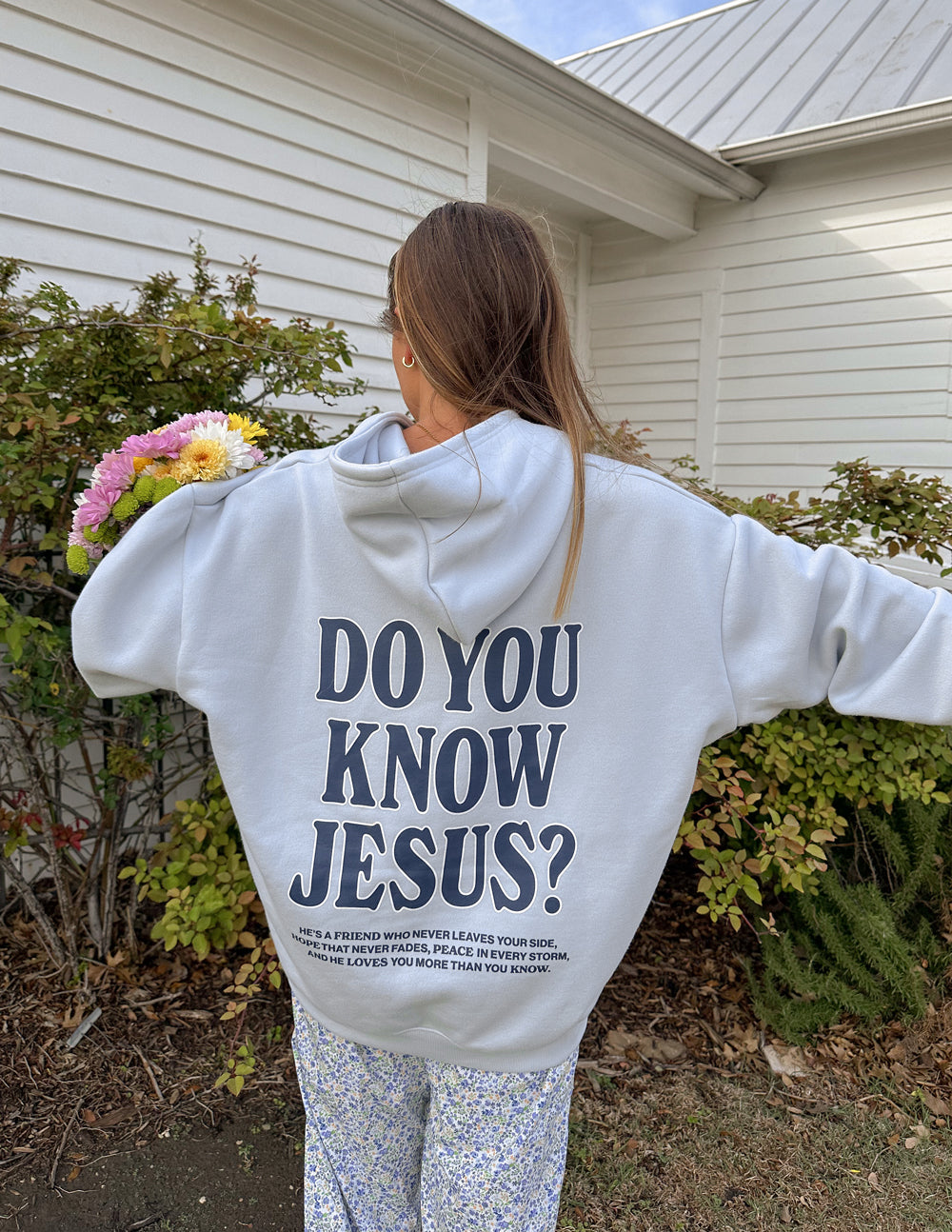 Light gray Christian Hoodie from Elevated Faith with the text 'Do You Know Jesus?' on the back