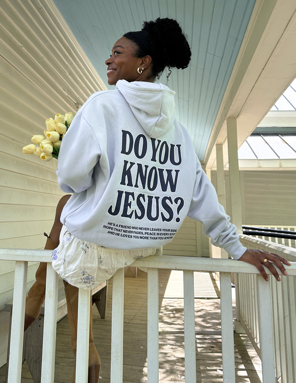 Elevated Faith Christian Hoodie with 'Do You Know Jesus?' print on the back, perfect for spreading faith