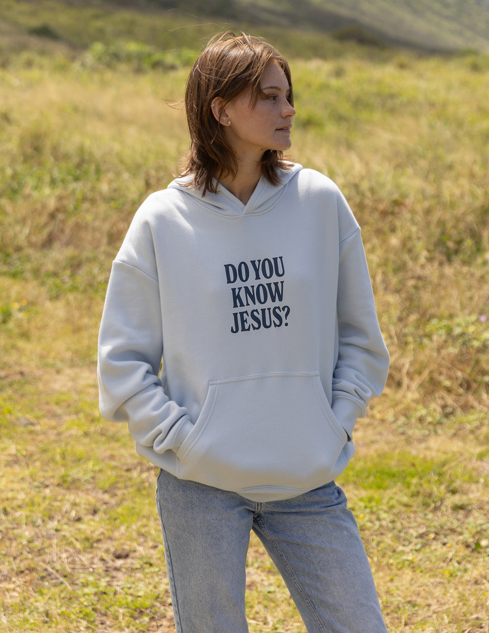 Light blue Christian Hoodie with the text 'Do You Know Jesus?' for casual wear