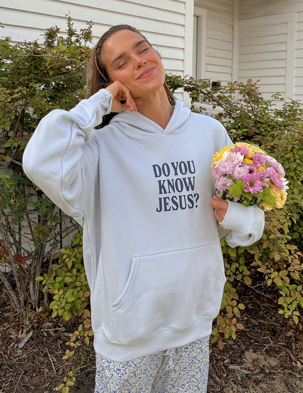 Light gray Christian Hoodie from Elevated Faith featuring the text Do You Know Jesus?