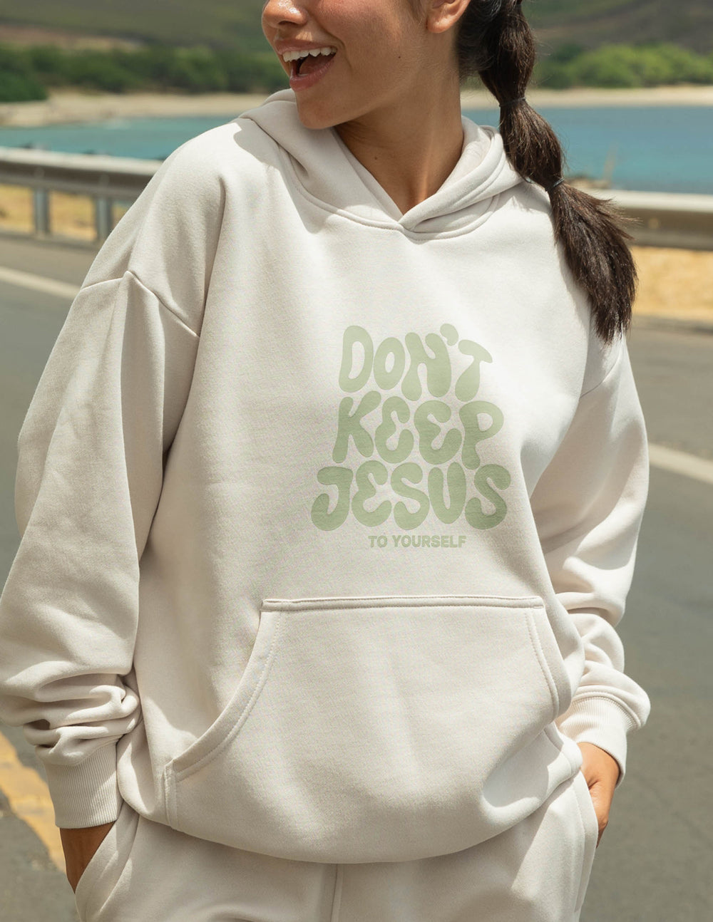 Elevated Faith Christian Hoodie in Cream with 'Don't Keep Jesus to Yourself' Design