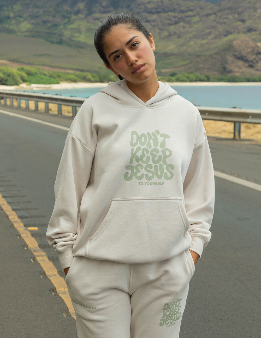 Elevated Faith Christian Hoodie in Light Beige with 'Don't Keep Jesus to Yourself' Print