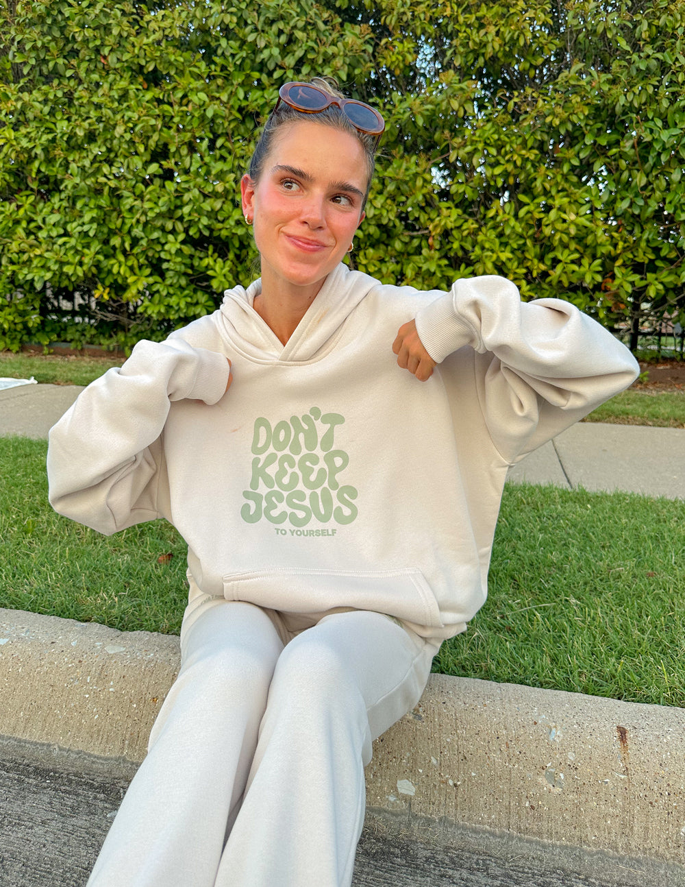 Cream Elevated Faith Christian Hoodie with Don't Keep Jesus graphic for cozy casual wear