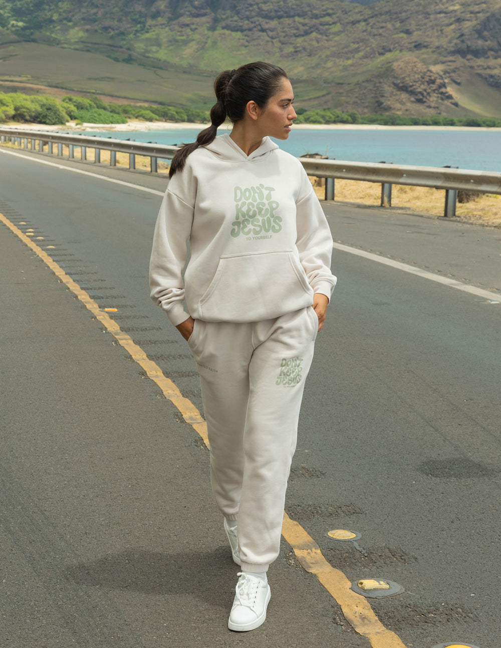 Elevated Faith Christian Hoodie in white featuring 'Don't Keep Jesus' print, styled with matching joggers