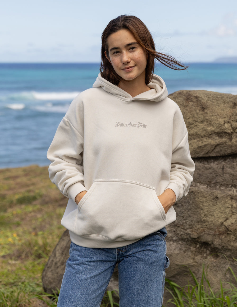 Elevated Faith Christian Hoodie in light beige with front pocket and casual fit, perfect for everyday wear