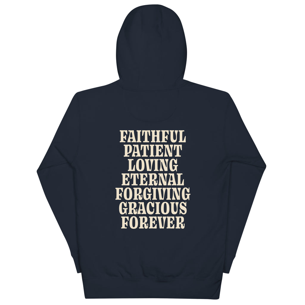 Navy Christian Hoodie with positive affirmations including faithful, loving, and forgiving