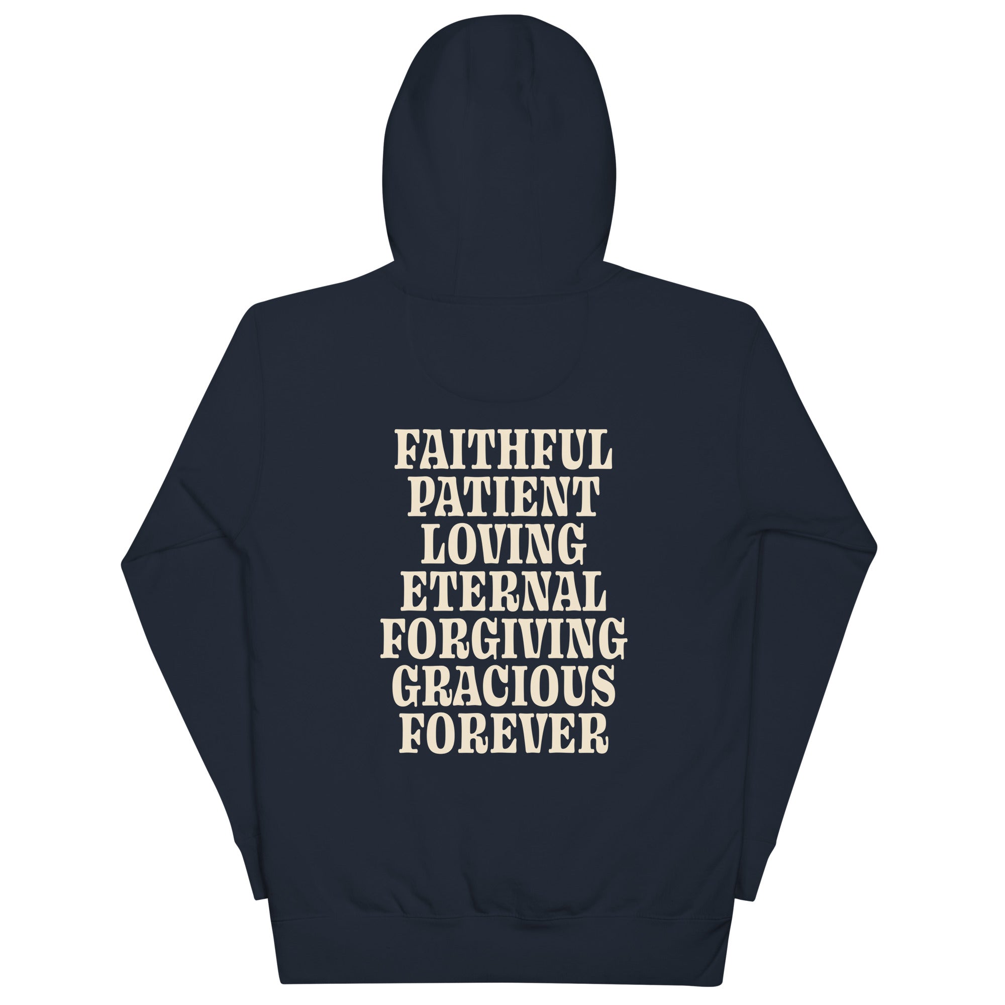 Navy Christian Hoodie with positive affirmations including faithful, loving, and forgiving