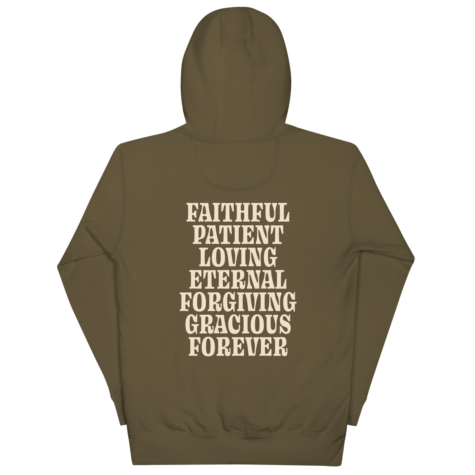 Christian Hoodie in Olive Green with Positive Words of Faith on the Back