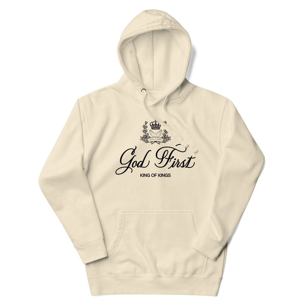 Cream Christian Hoodie featuring 'God First King of Kings' in stylish font for faith-inspired fashion