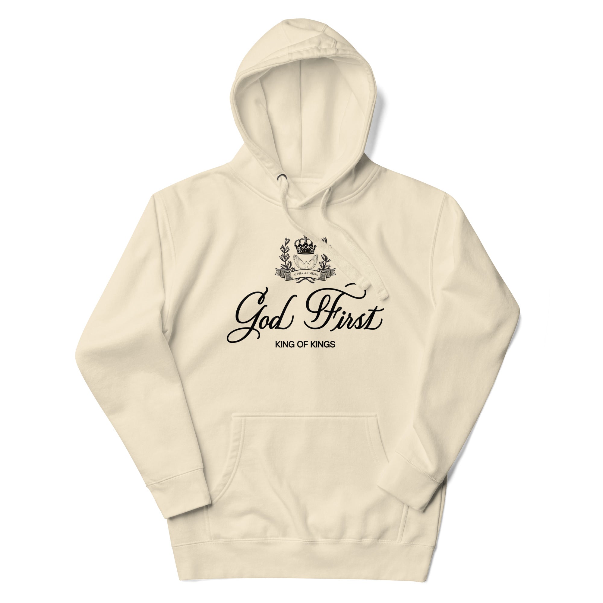 Cream Christian Hoodie featuring 'God First King of Kings' in stylish font for faith-inspired fashion