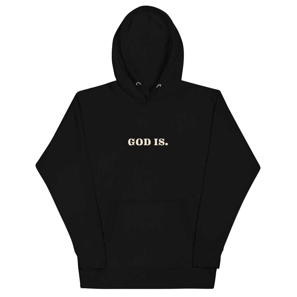 Rep The One Christian Hoodie in black with 'GOD IS.' printed in gold on the front