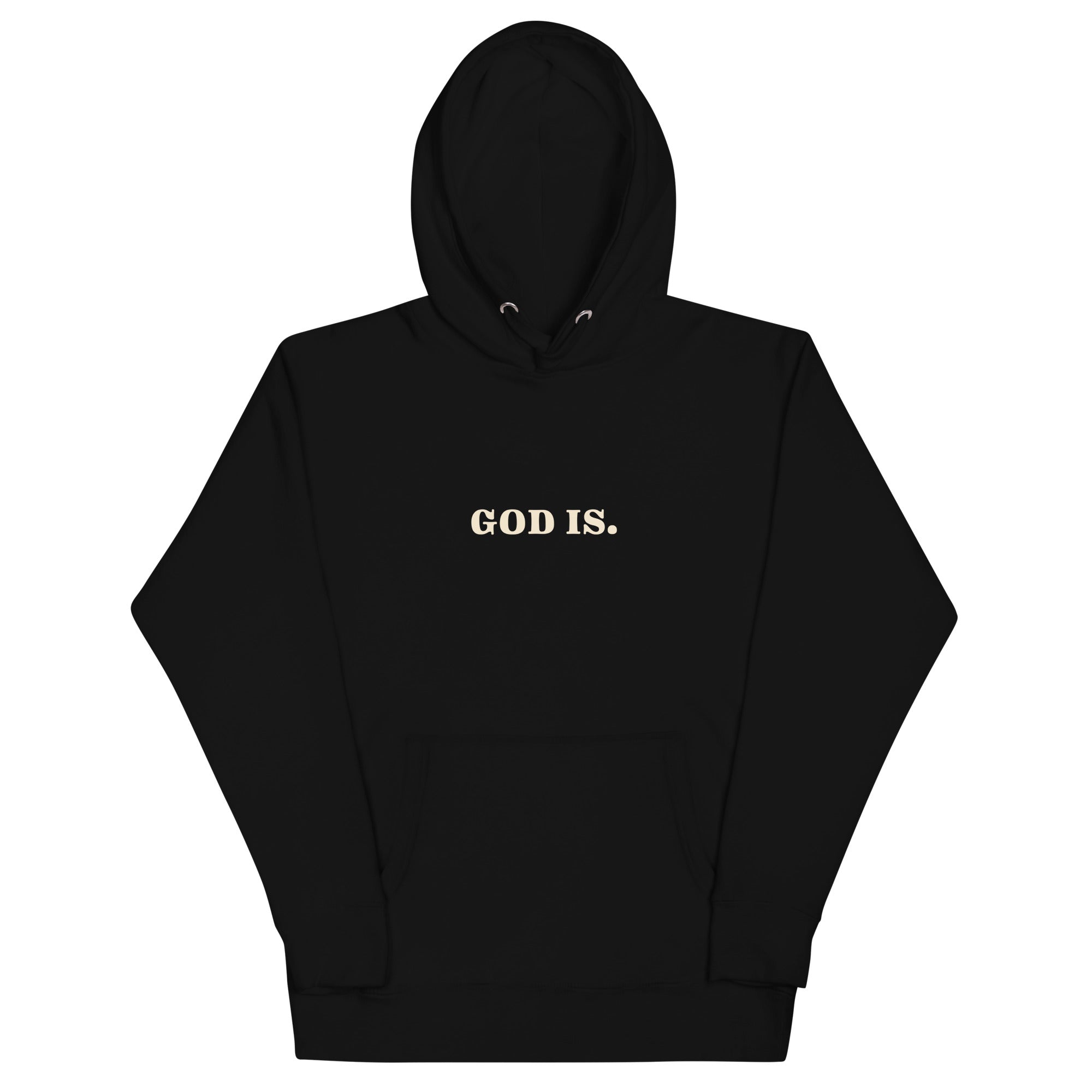 Rep The One Christian Hoodie in black with 'GOD IS.' printed in gold on the front