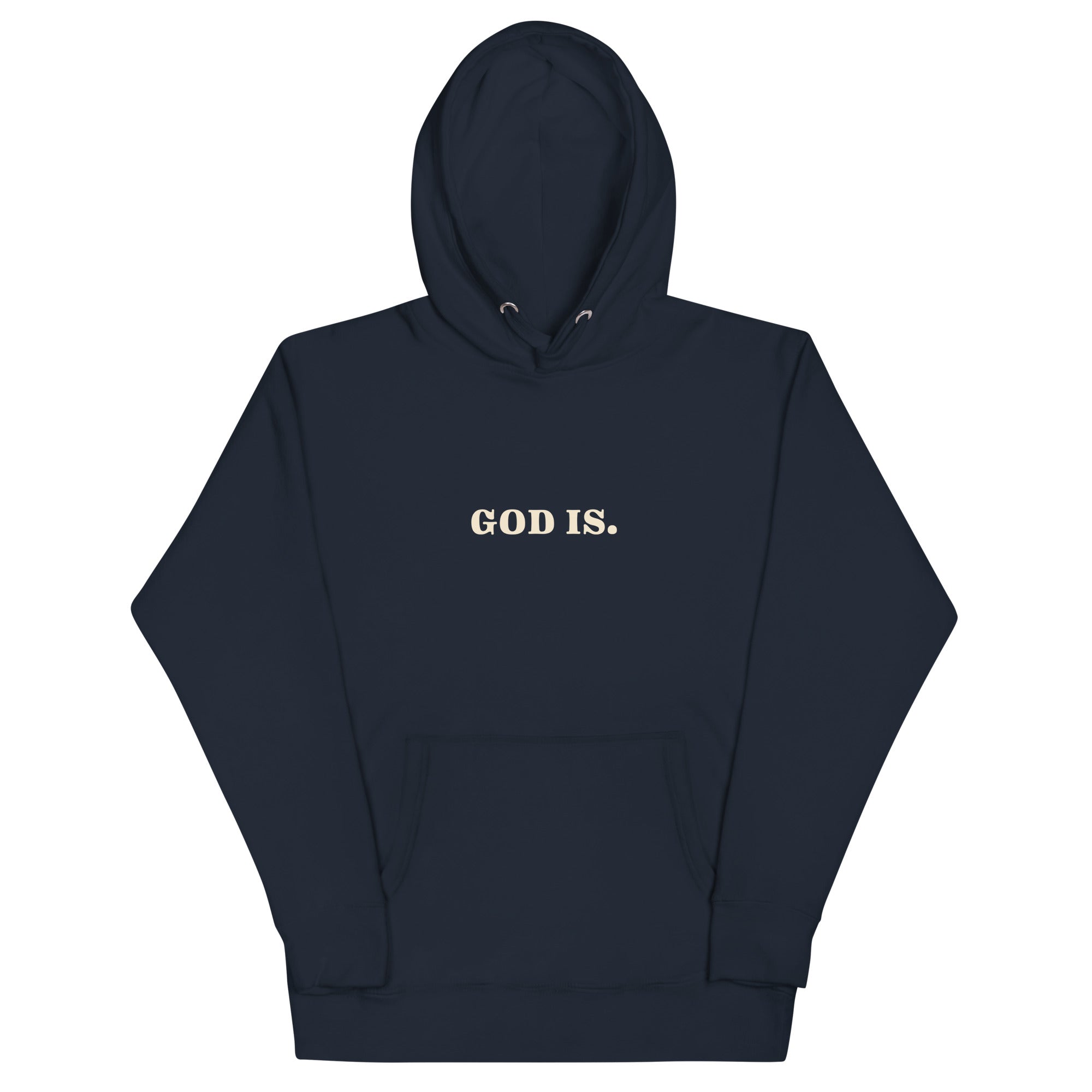 Dark navy Christian Hoodie featuring the text God Is for stylish and inspirational everyday wear