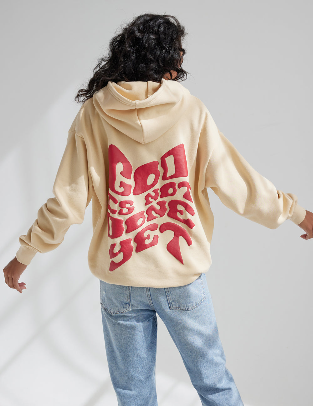 Elevated Faith Christian Hoodie in Cream with inspirational text on the back