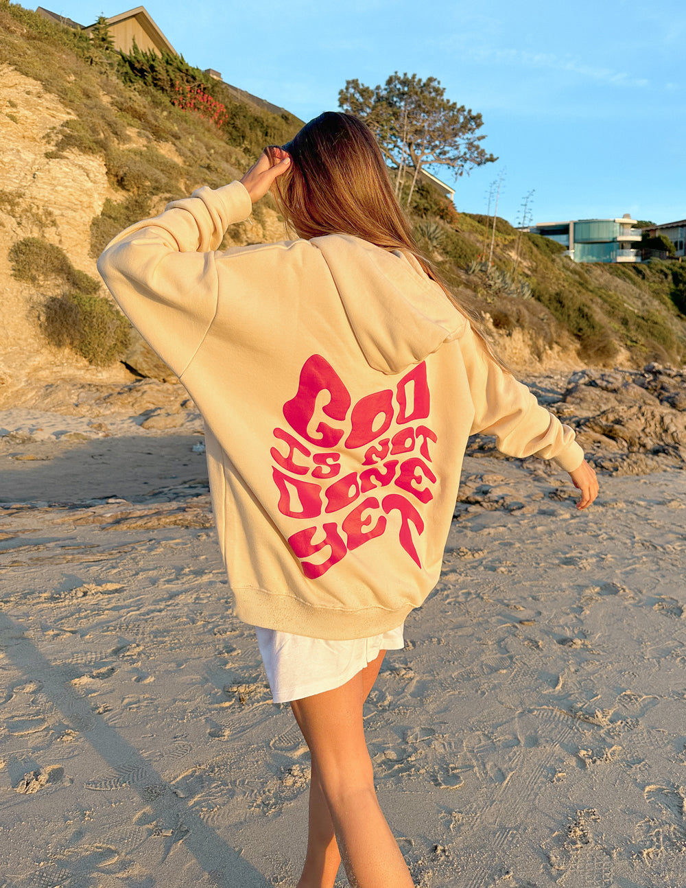 Elevated Faith Christian Hoodie in Beige with Bold Pink Design on Back for Casual Wear