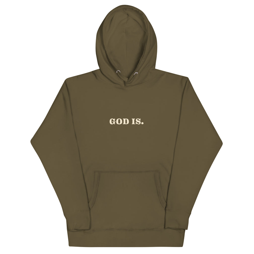 Olive Green Christian Hoodie featuring 'GOD IS.' text on front for faith-inspired style
