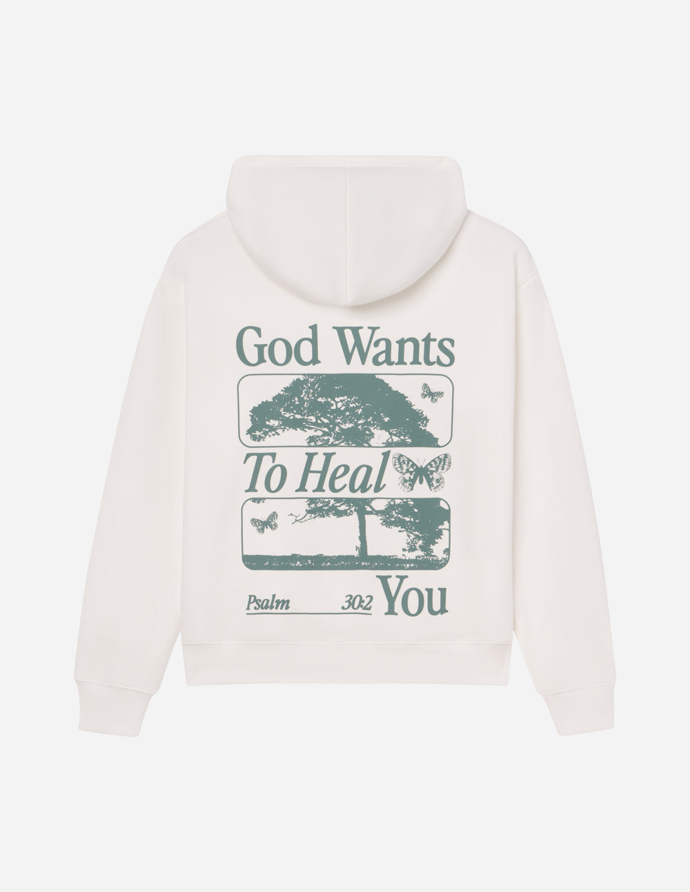 Elevated Faith Christian Hoodie in White with 'God Wants To Heal You' Design and Psalm 302 Quote
