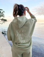 Elevated Faith Christian Hoodie in Olive Green with 'God Works for the Good' print on the back
