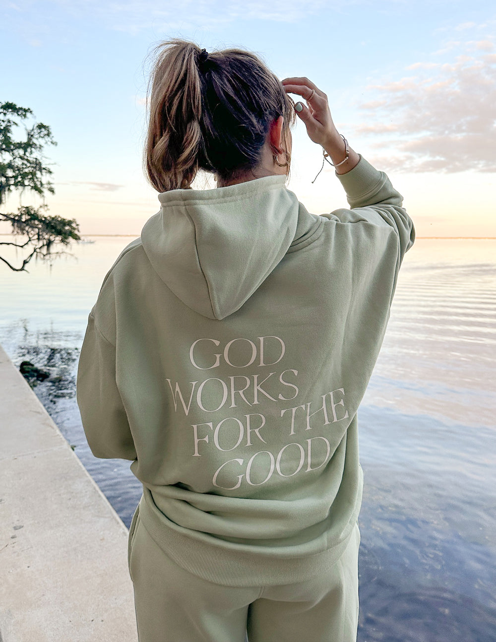 Elevated Faith Christian Hoodie in Olive Green with 'God Works for the Good' print on the back