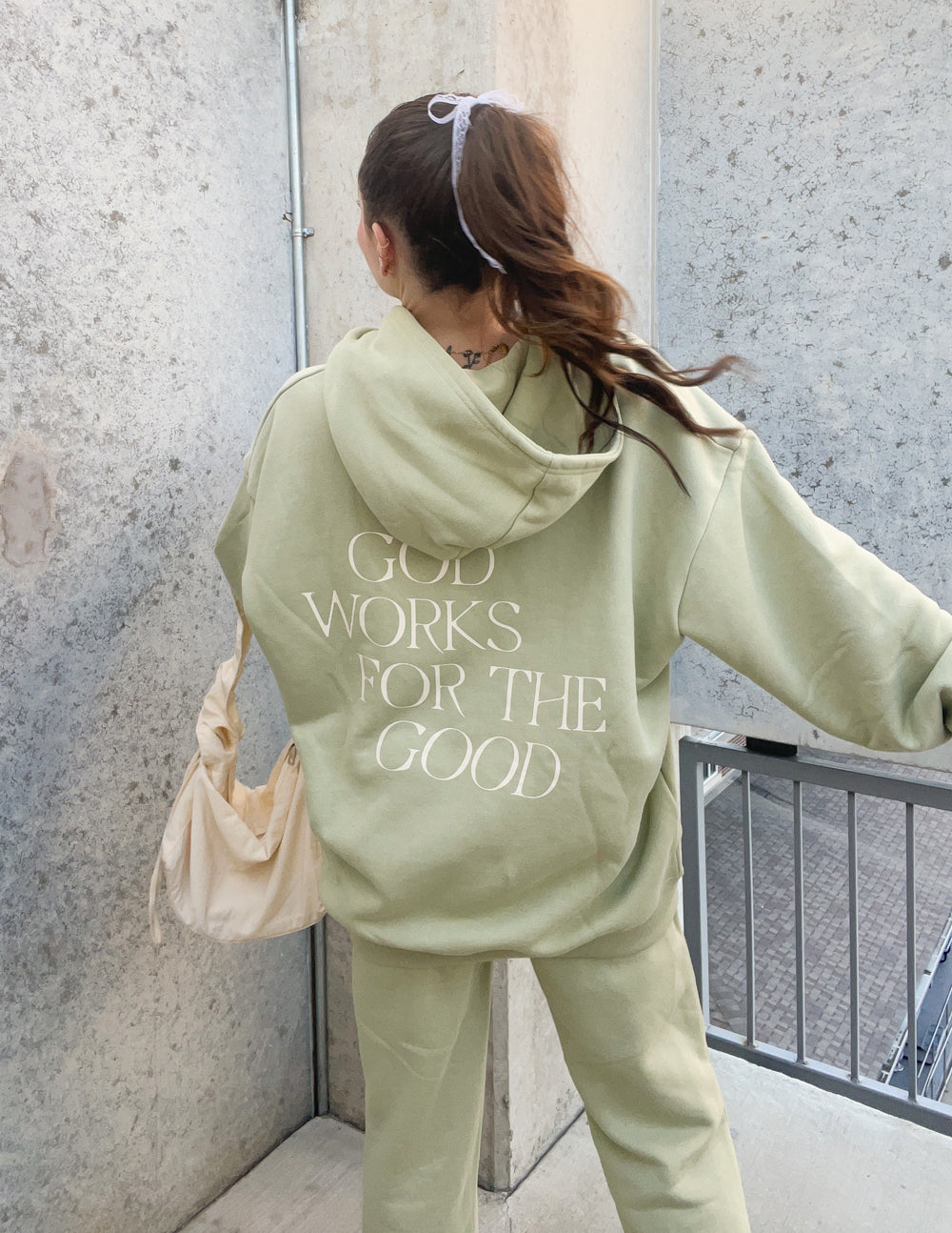 Elevated Faith Christian Hoodie in Light Green with 'God Works for the Good' Text on Back