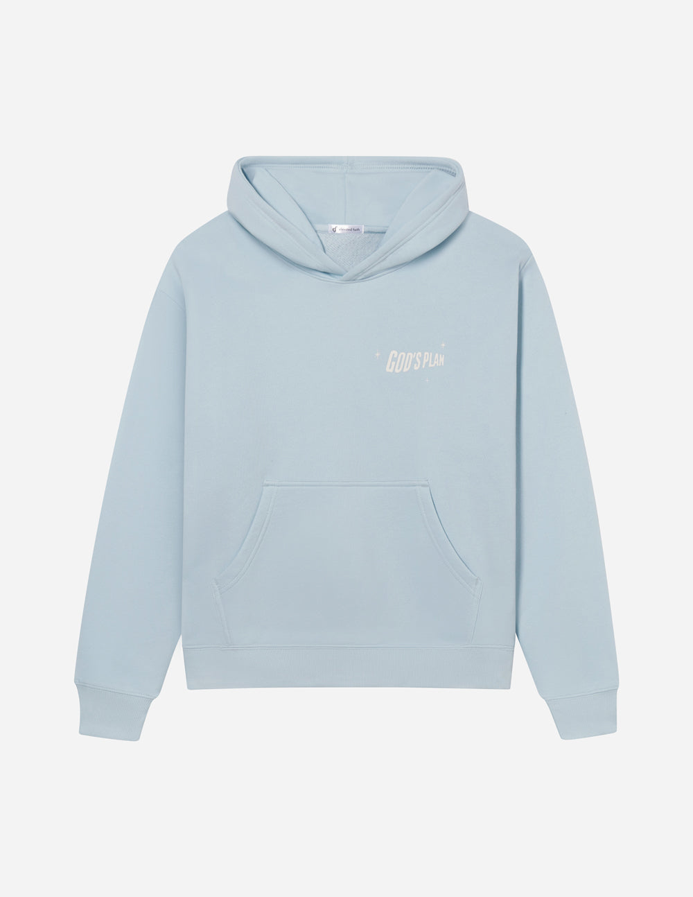 Elevated Faith light blue Christian Hoodie featuring a front pocket and God's Plan text