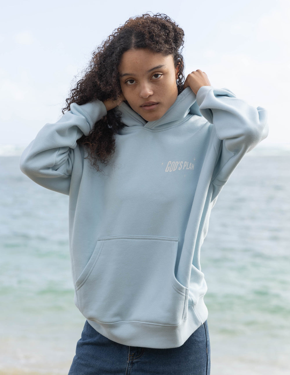 Light blue Elevated Faith Christian Hoodie featuring a 'God's Plan' graphic for casual wear