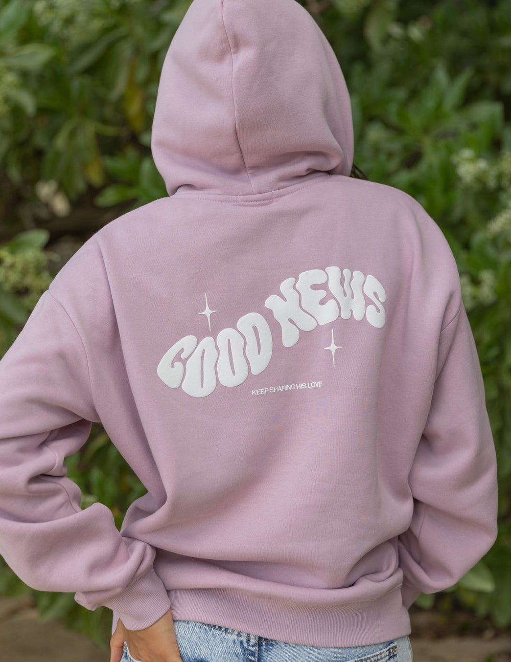 Elevated Faith Christian Hoodie in Light Purple with 'Good News' Graphic Design on Back