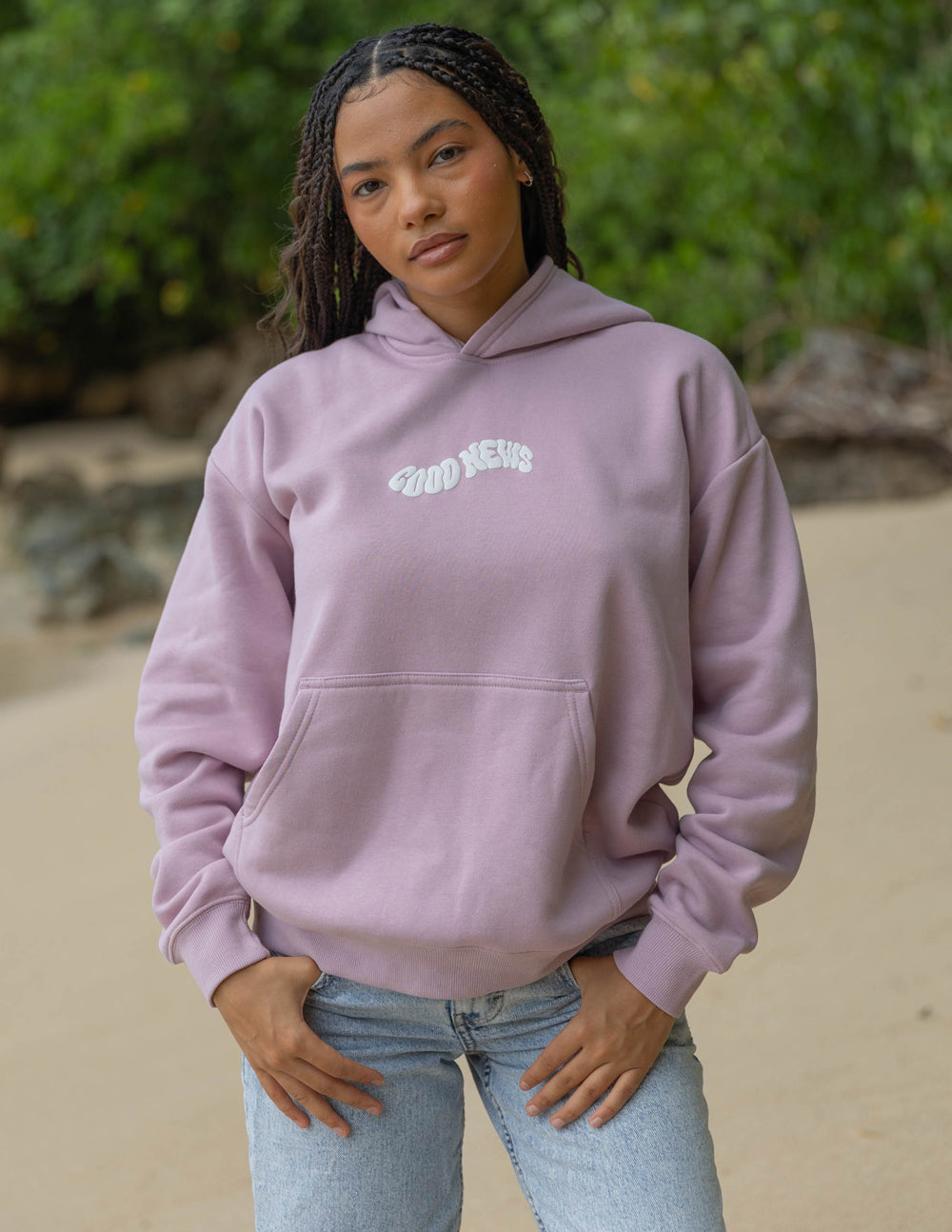 Elevated Faith Christian Hoodie in light purple with 'Good News' embroidered design for stylish comfort