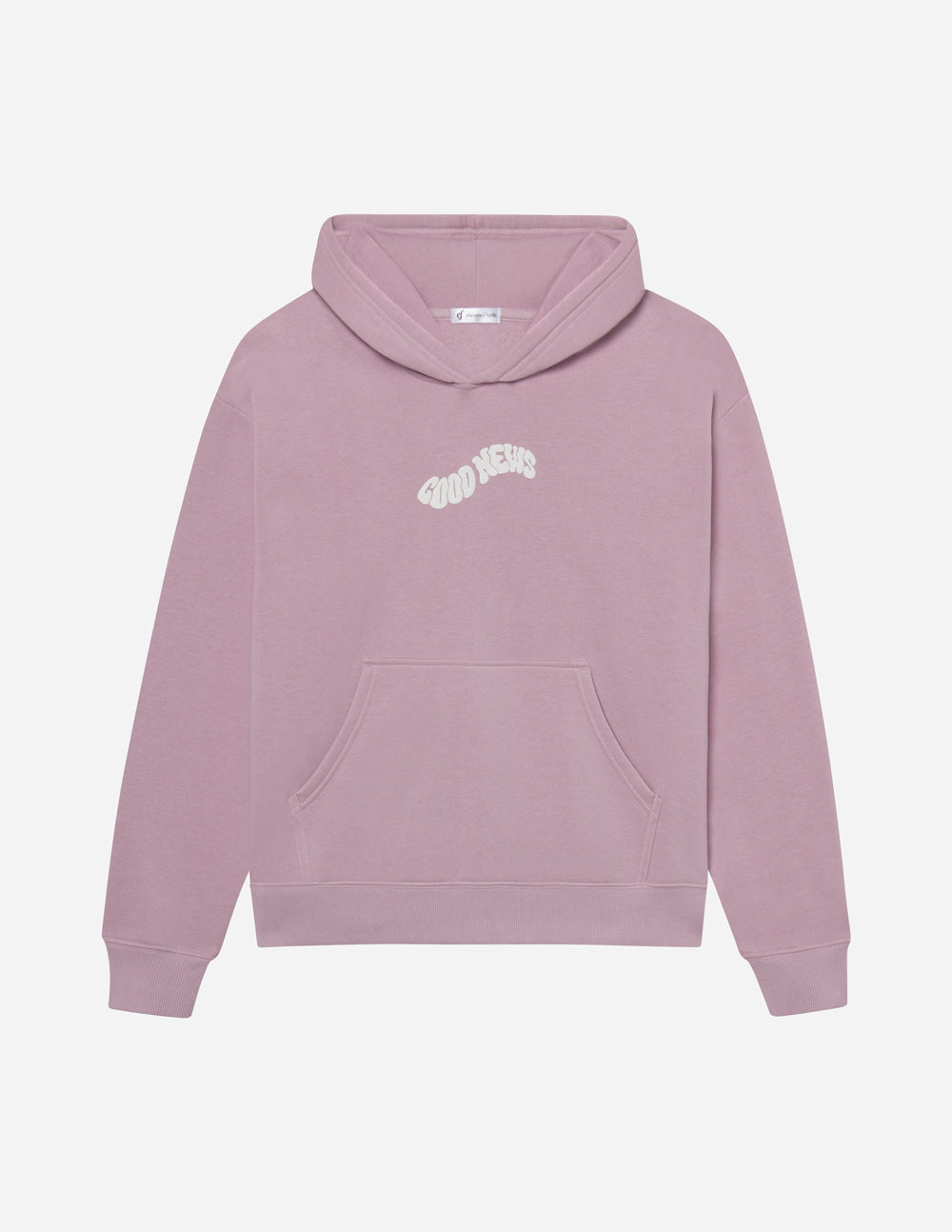 Elevated Faith Christian Hoodie in soft pink with 'Good News' text design on the front