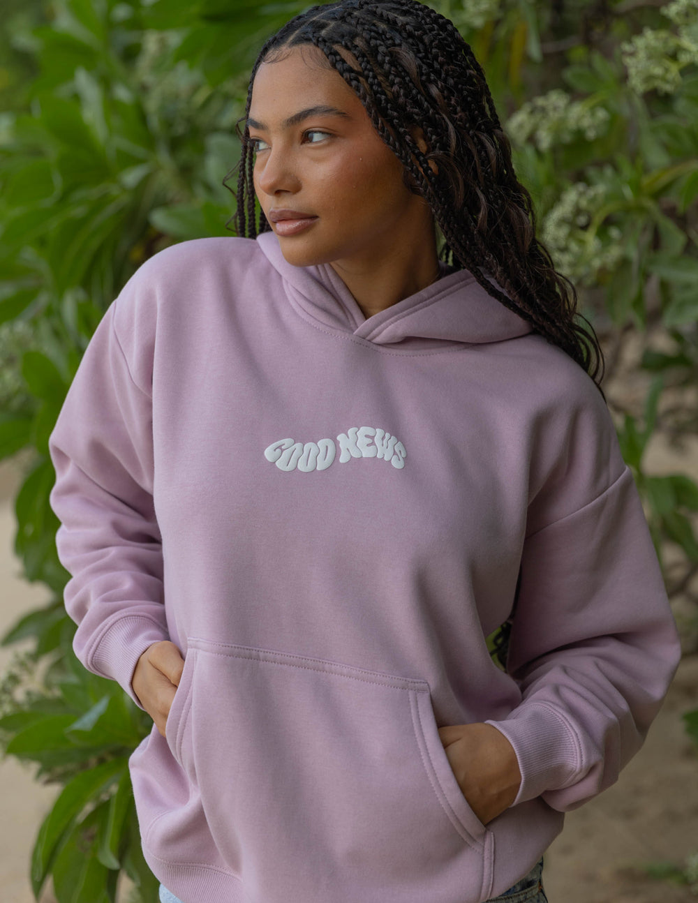 Elevated Faith Christian Hoodie in Light Pink with 'Good News' Text for Comfort and Style