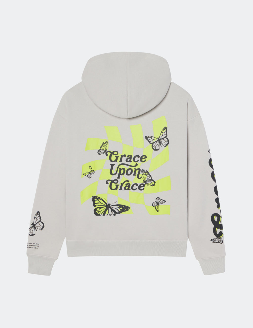 Gray Christian Hoodie featuring butterfly graphics and the phrase Grace Upon Grace on the back