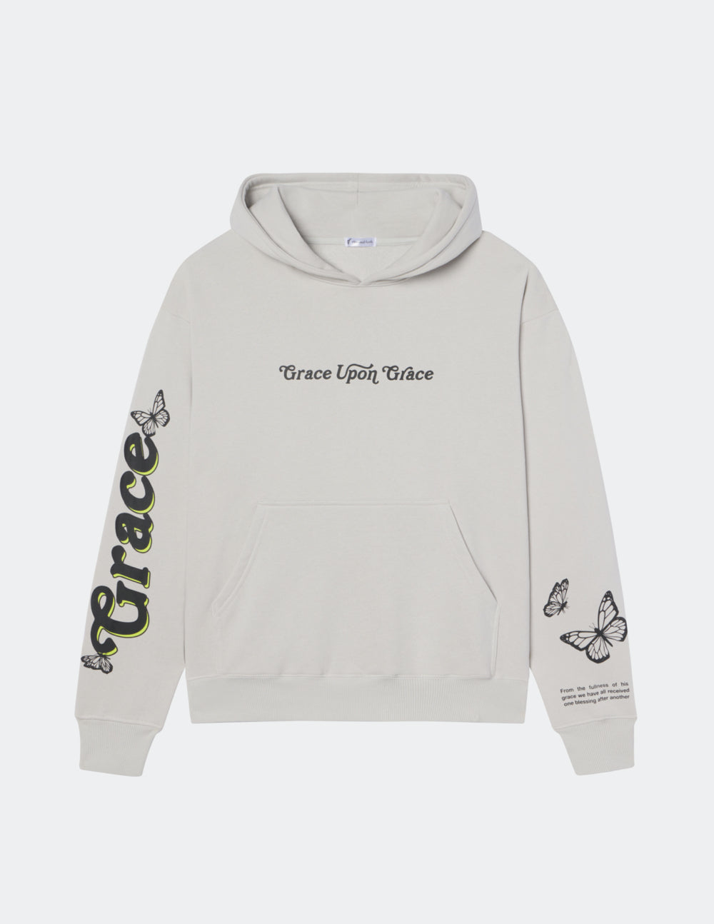 Elevated Faith Christian Hoodie in light gray featuring butterfly graphics and inspiring text design