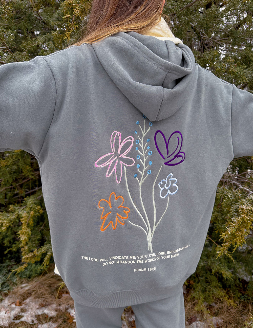 Elevated Faith Christian Hoodie in Gray with Colorful Flower Design and Psalm 138 Quote